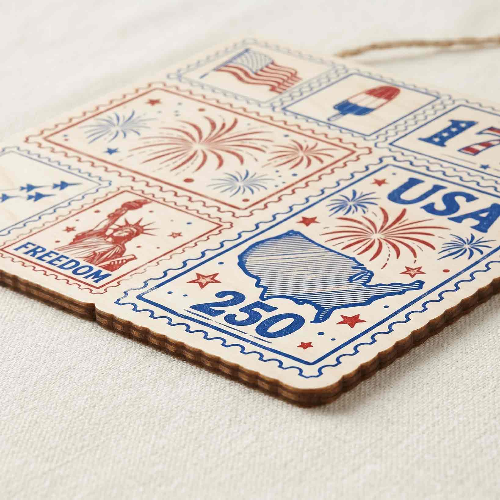 USA 250 Retro Stamp Style Wooden Sign 1776-2026