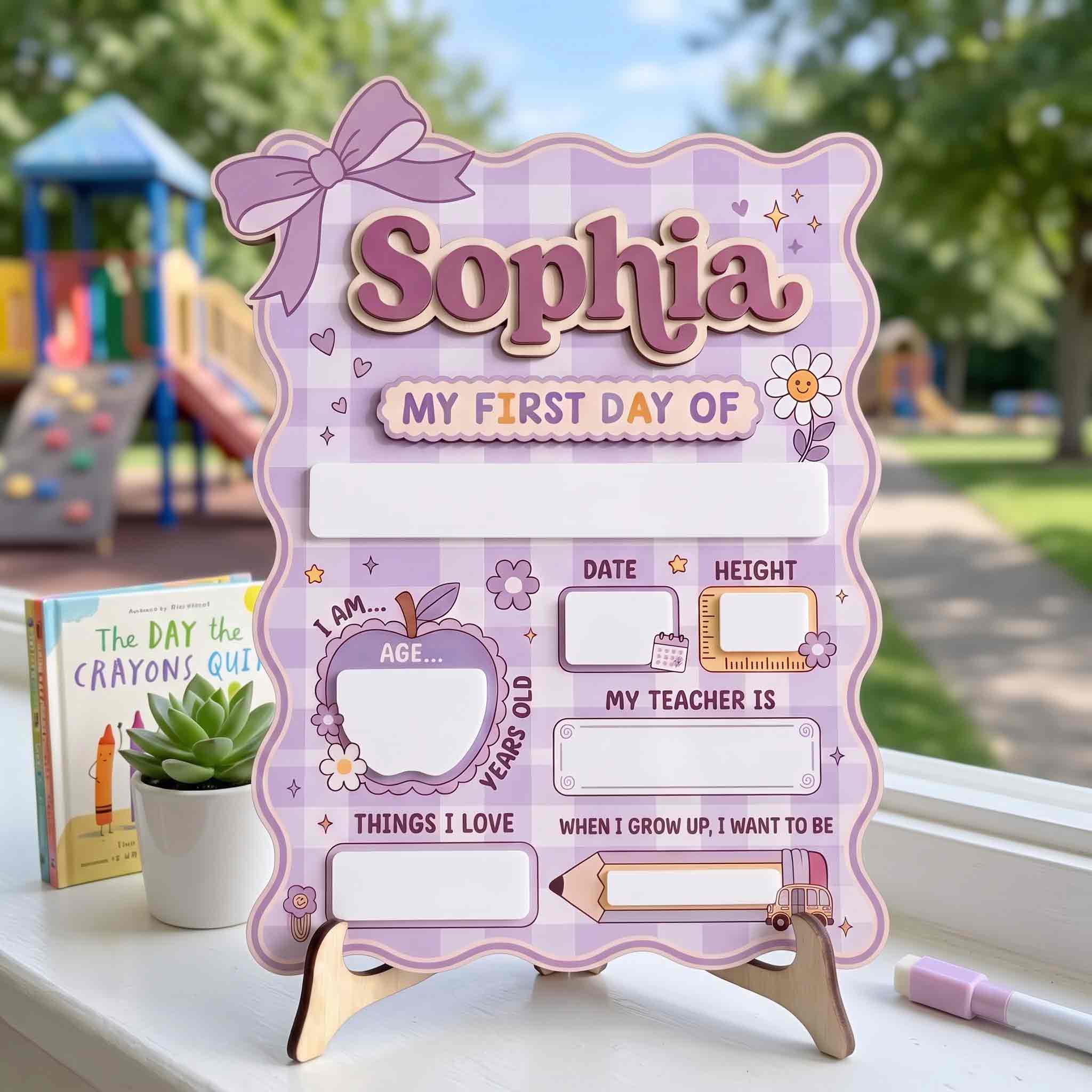 Personalized Purple Gingham Theme First & Last Day School Sign, Reusable Dry Erase Board, Back to School Sign