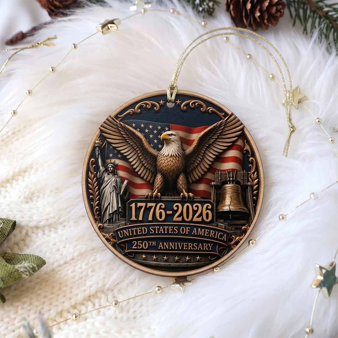 America's 250th Anniversary Bald Eagle Liberty Bell Patriotic Keepsake Personalized Patriotic 1-Layer Wooden Christmas Ornament for American Pride