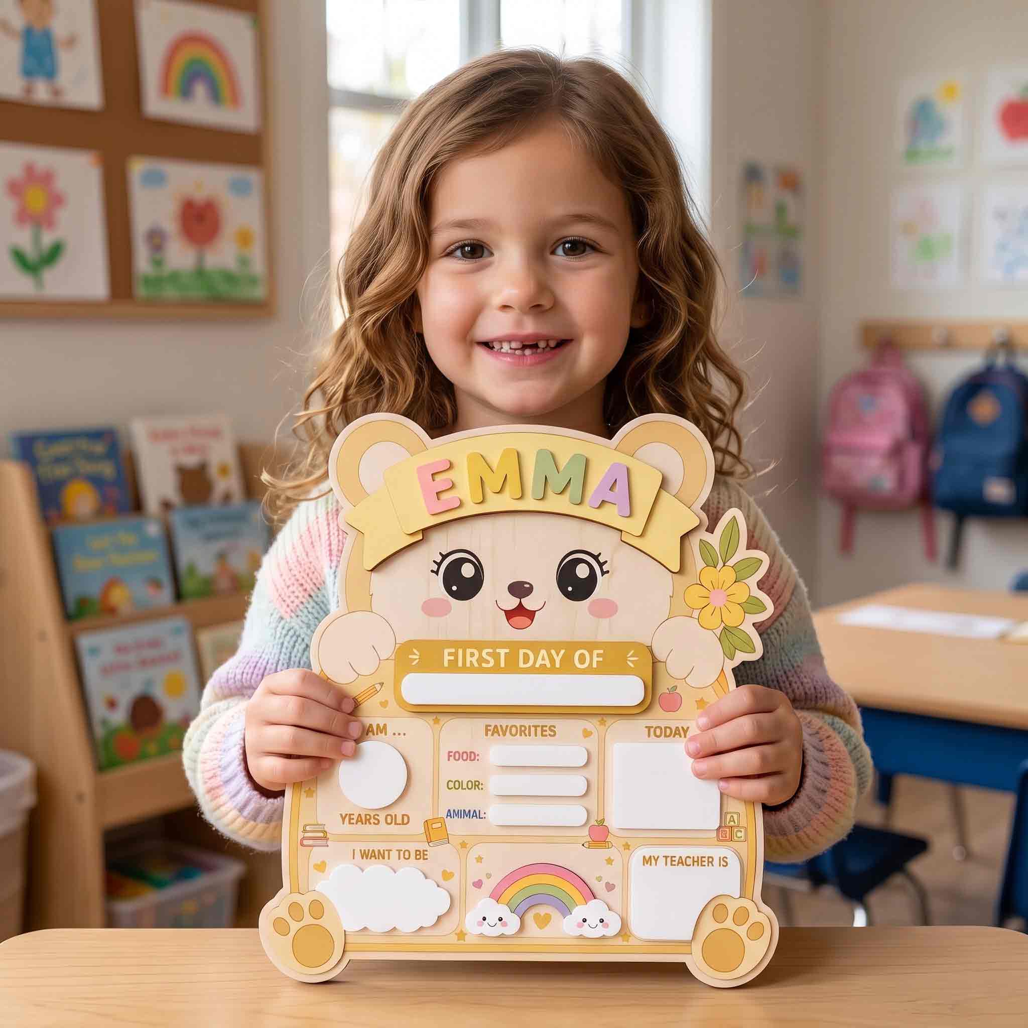 Personalized Yellow Teddy Bear First & Last Day School Sign, Reusable Dry Erase Board, Back to School Sign