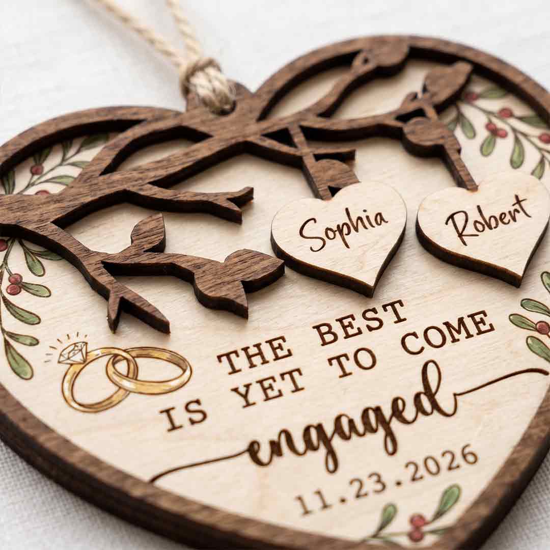 Engagement Heart Rings Personalized Custom Name Date First Engagement 2-Layer Wooden Christmas Ornament Romantic Engagement Gift for Newly Engaged Couple