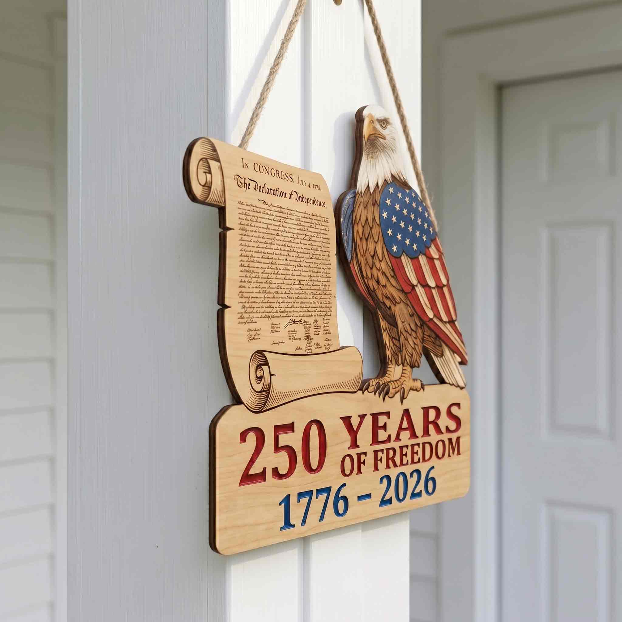 America 250 Wooden Sign Featuring the Declaration of Independence and Bald Eagle