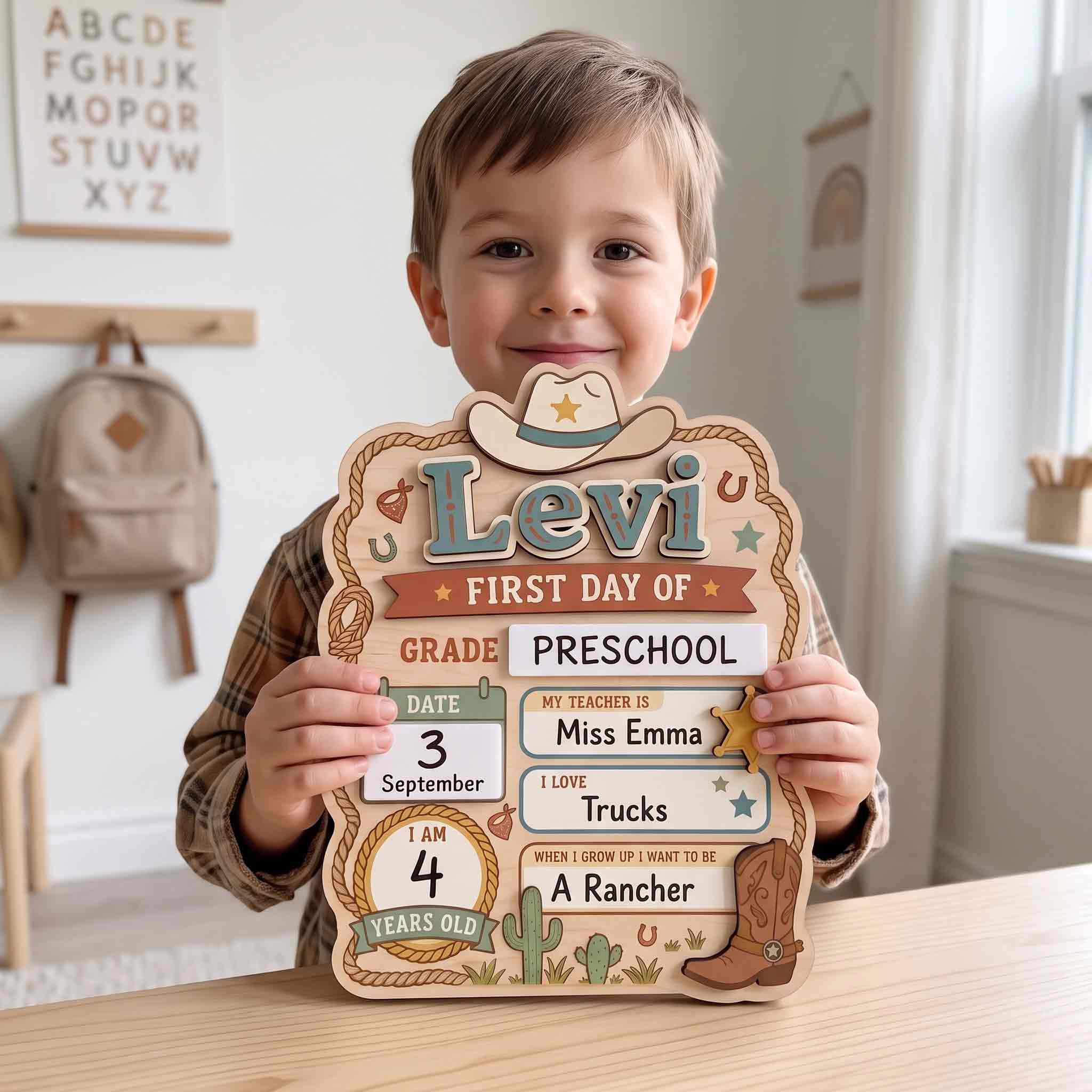 Personalized Western Cowboy First & Last Day School Sign, Reusable Dry Erase Board, Back to School Sign