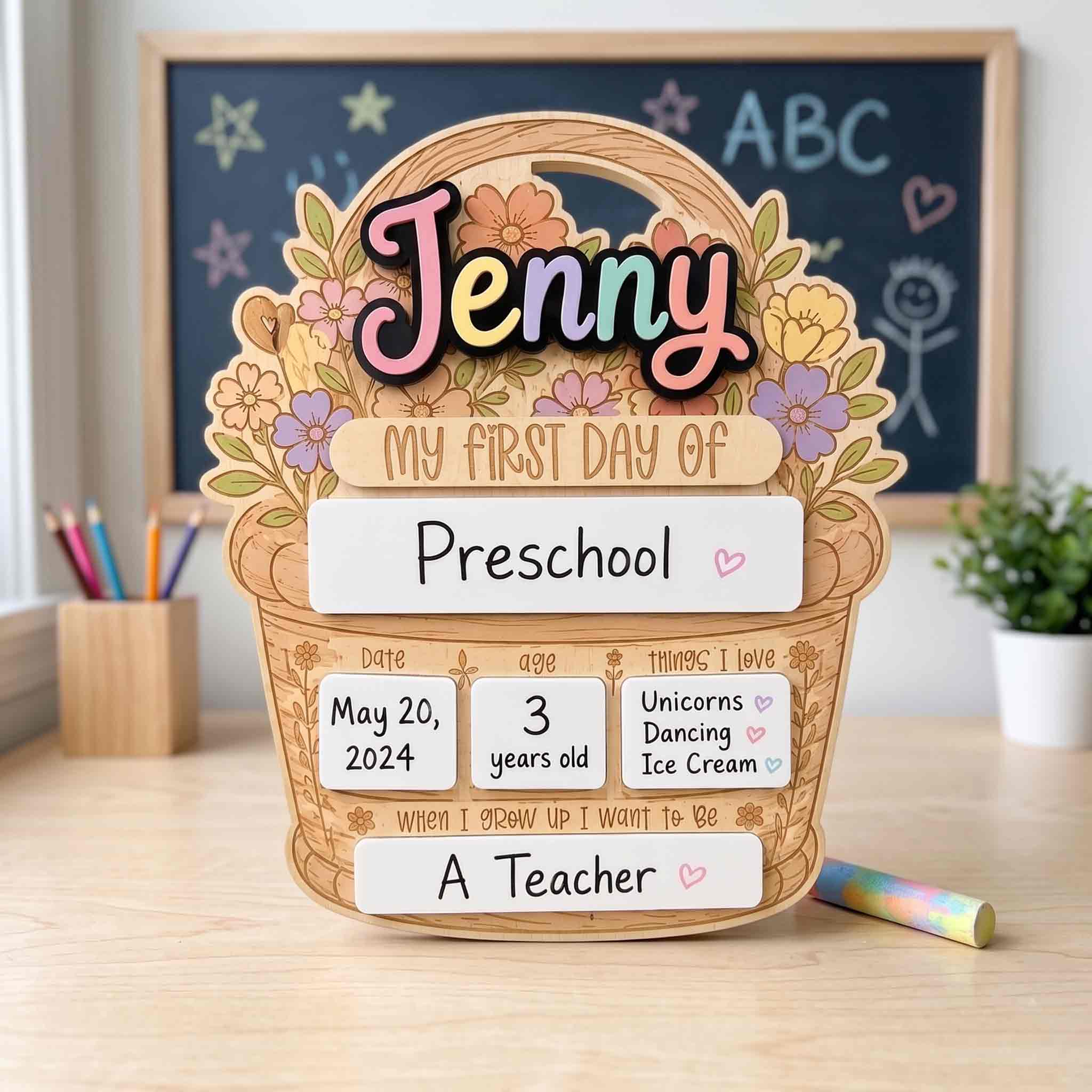 Personalized Flower Basket First Day School Board, Reusable Dry Erase Board, Back to School Sign