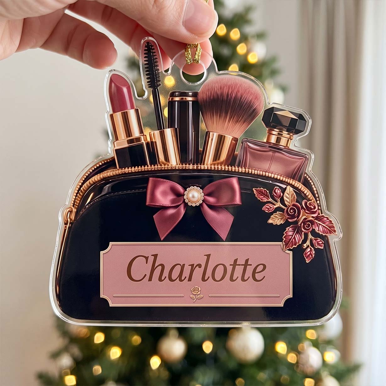 Makeup Black Floral Cosmetic Bag Lipstick Brush Custom Name Acrylic Christmas Ornament Makeup Lover