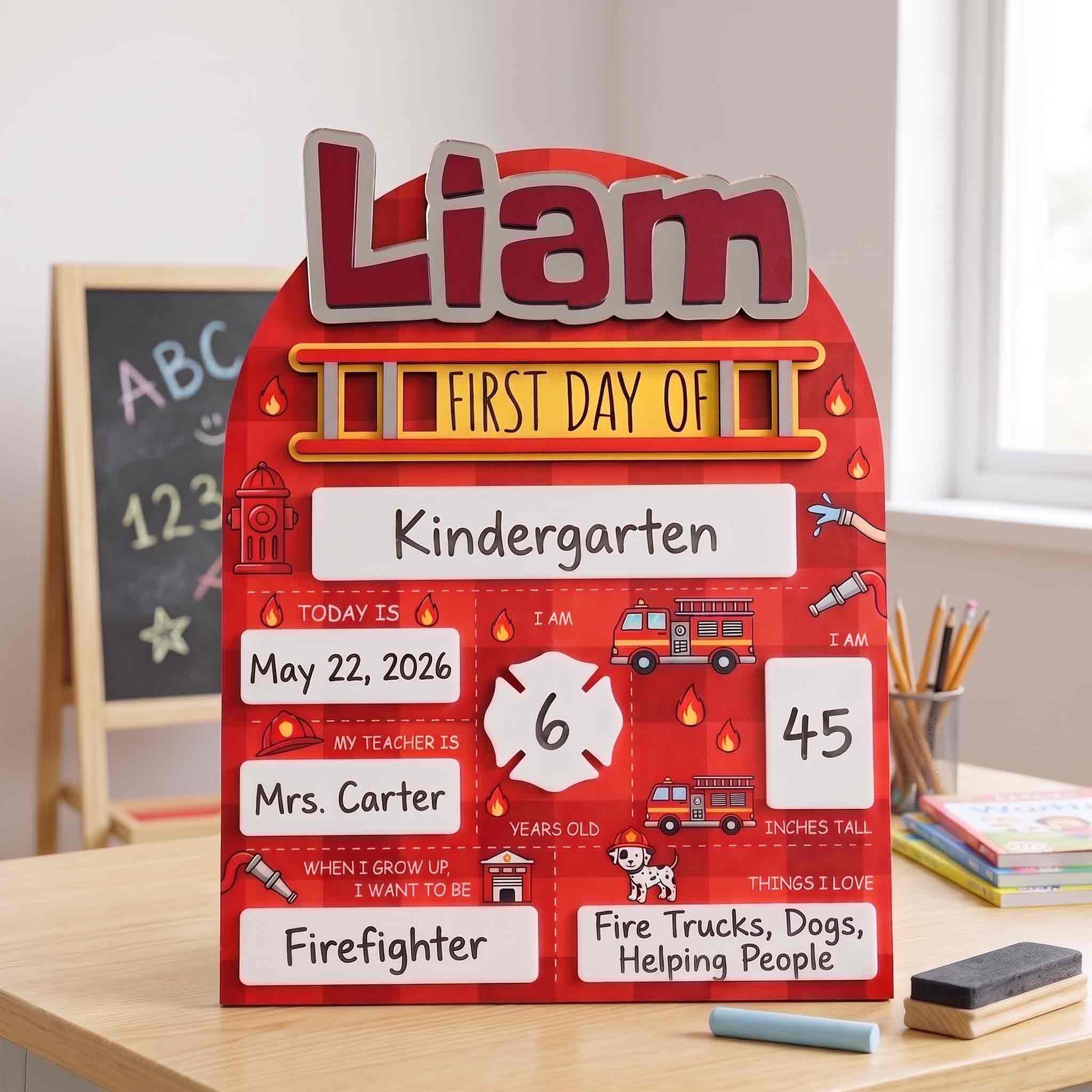 Personalized Firefighter First Day School Board, Reusable Dry Erase Board, Back to School Sign