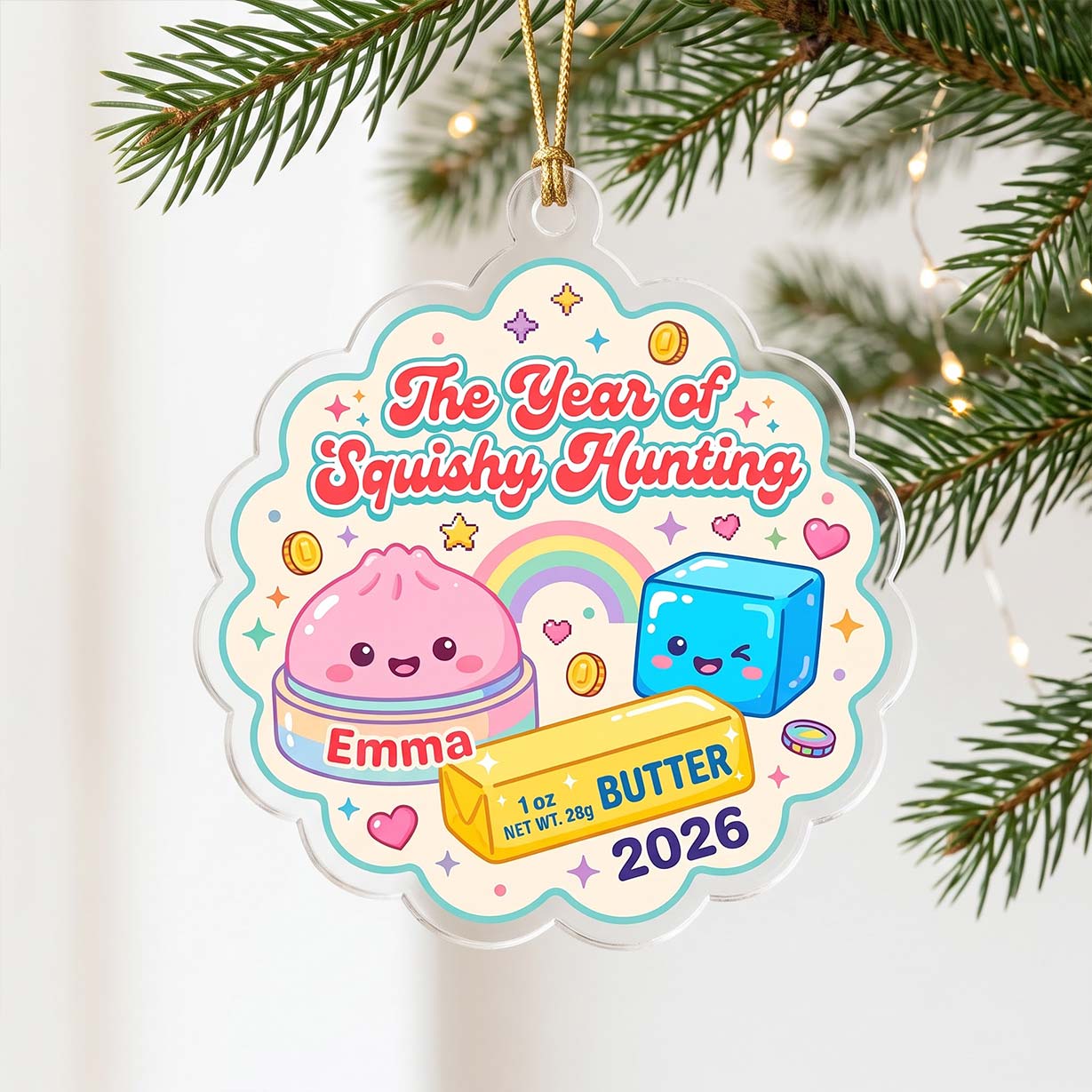 Rainbow Squishy Hunting Butter Ice Cube Custom Name Date Acrylic Christmas Ornament Cute