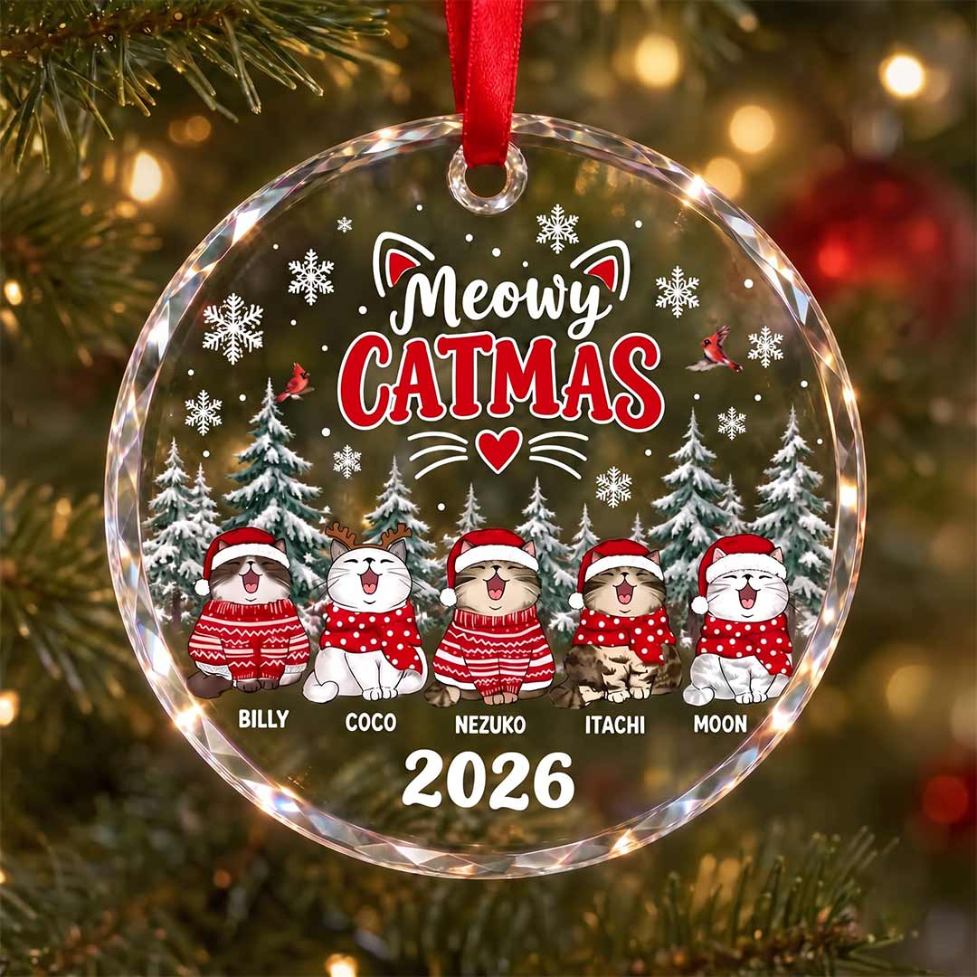 Meowy Catmas Kitten Custom Pet Names Cat Round Glass Ornament