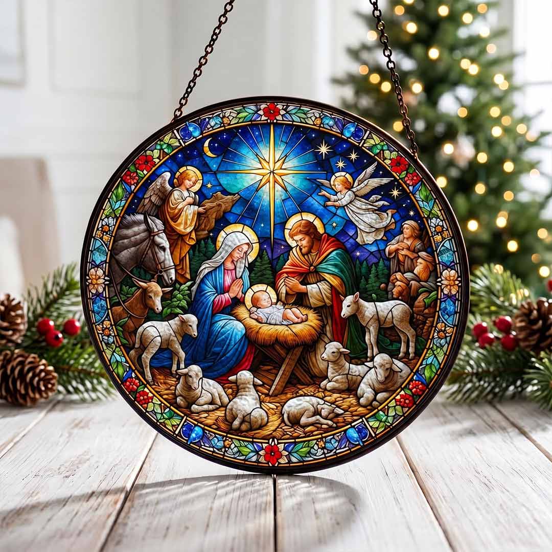 Nativity Scene Holy Family Birth of Jesus Nativity Stained Glass Suncatcher Christmas Ornament