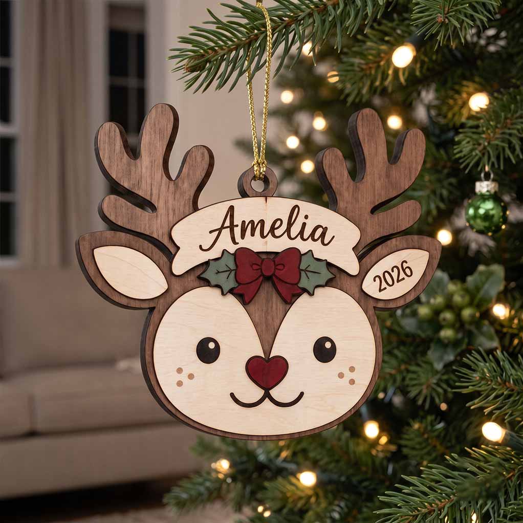 Cute Baby Reindeer 2026 Personalized Custom Name 2 Layered Piece Wooden Christmas Ornament Christmas Keepsake
