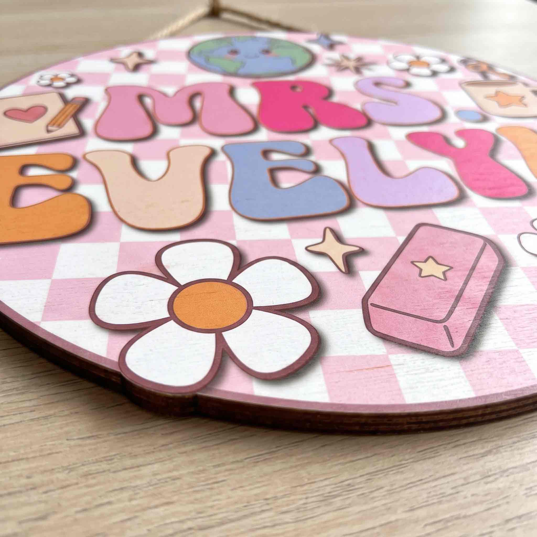Personalized Classroom Teacher Wooden School Sign, Custom Teacher Name Door Hanger for Elementary Classroom Decor