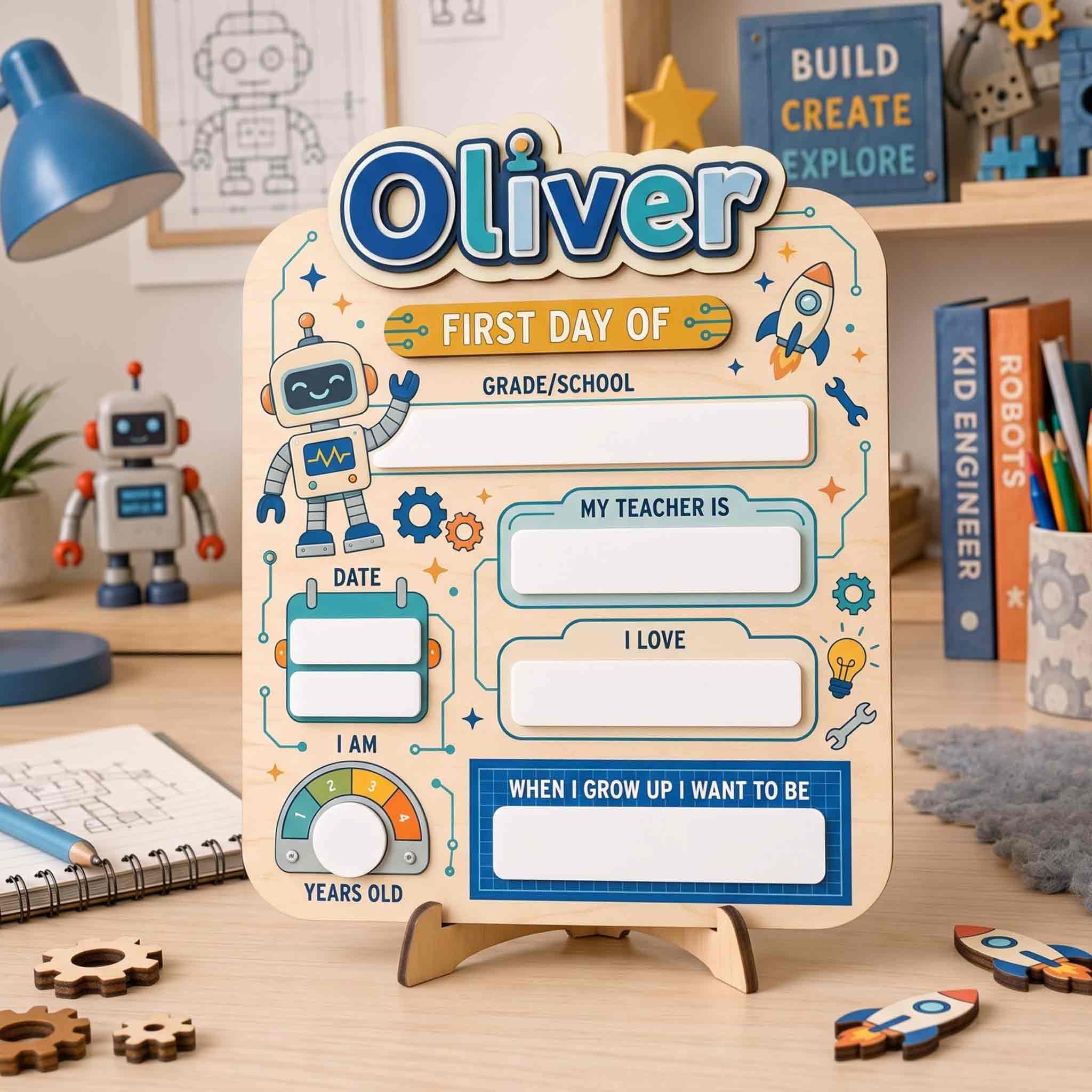 Personalized Robot Rocket Theme First & Last Day School Sign, Reusable Dry Erase Board, Back to School Sign