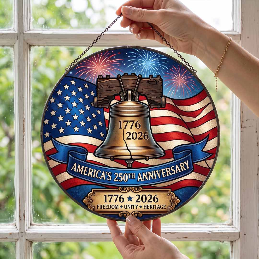 America's 250th Liberty Bell 1776-2026 Freedom Unity Heritage Patriotic Stained Glass Suncatcher Christmas Ornament