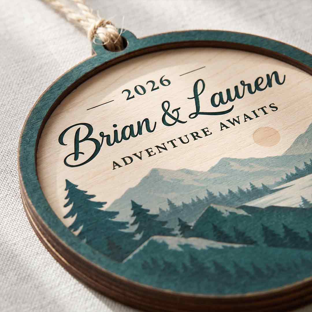 Adventure Awaits Mountain Lake Personalized Custom Name Date Couple 2-Layer Wooden Christmas Ornament for Couples Gift