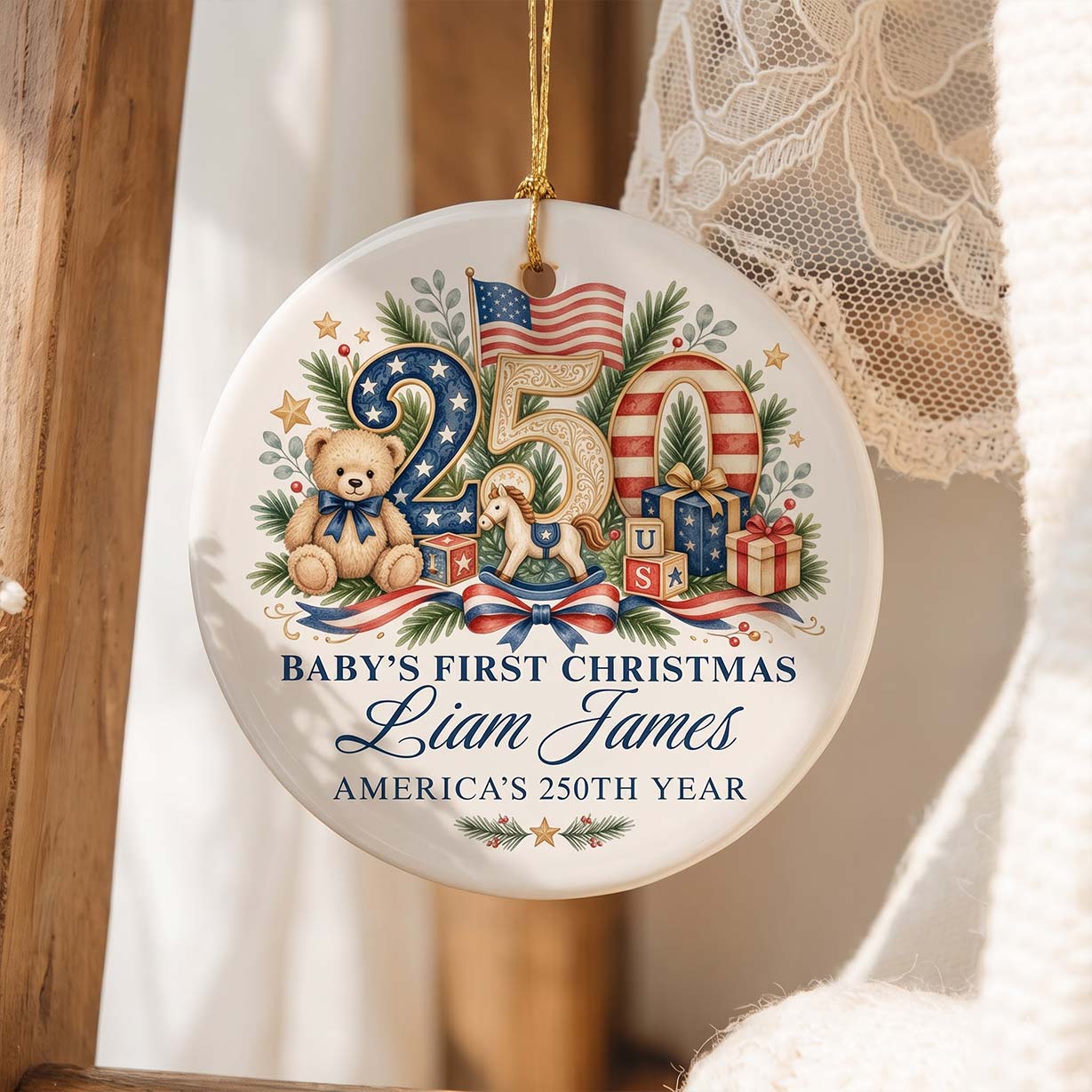 Baby's First Christmas America's 250th Year Custom Name Baby's First Christmas Round Ceramic Christmas Ornament Patriotic Baby Keepsake