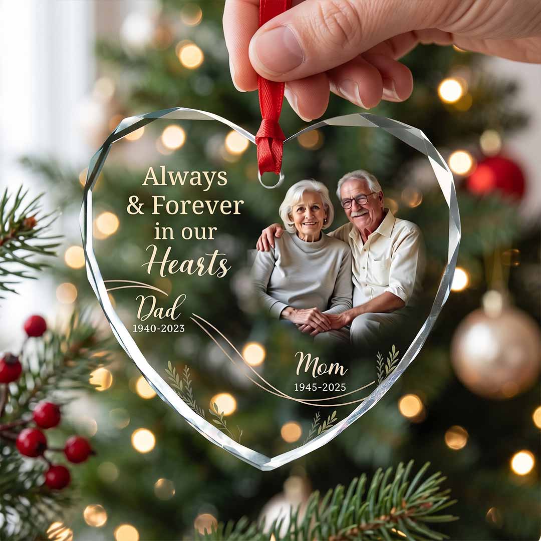 Always And Forever In Our Hearts Dad And Mooriam Tribute Personalized Meml Custom Name Date Photo Parents Sympathy Gift Heart Glass Christmas Ornament