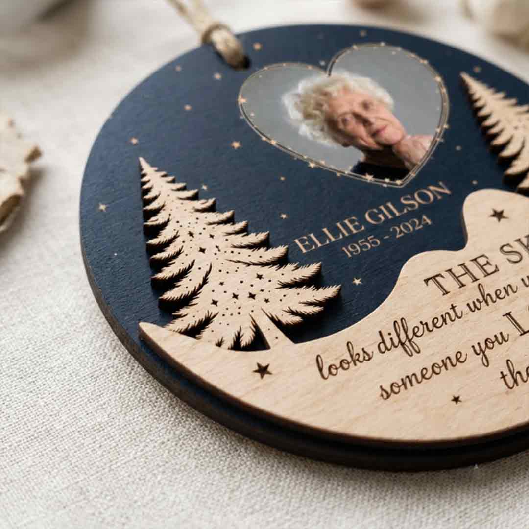 Memorial Night Sky Personalized Custom Name Date Photo Memorial 2-Layer Wooden Christmas Ornament In Loving Memory Remembrance Gift