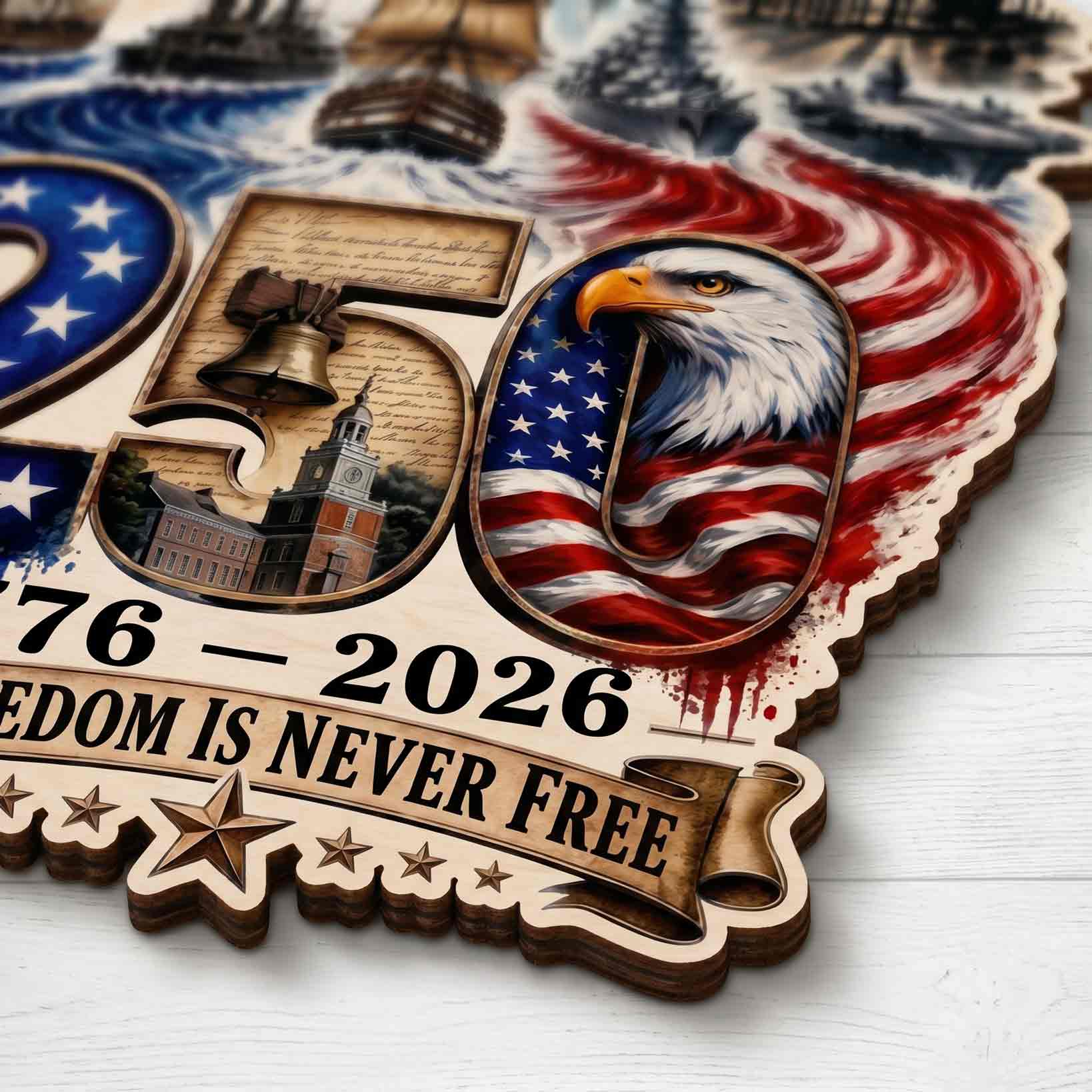 Freedom Is Never Free America 250th Anniversary Eagle Heritage Wooden Sign