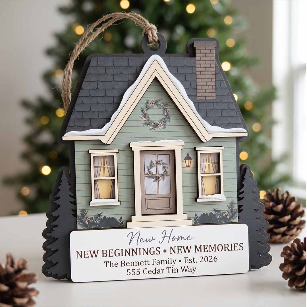 New Home New Beginnings New Memories Personalized Custom Name Date Address Wooden Ornament