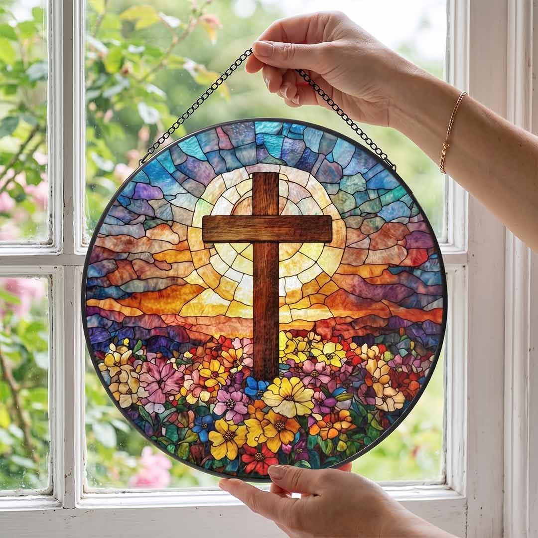 Floral Cross Faith Hope Spiritual Inspiration Nativity Stained Glass Suncatcher Christmas Ornament