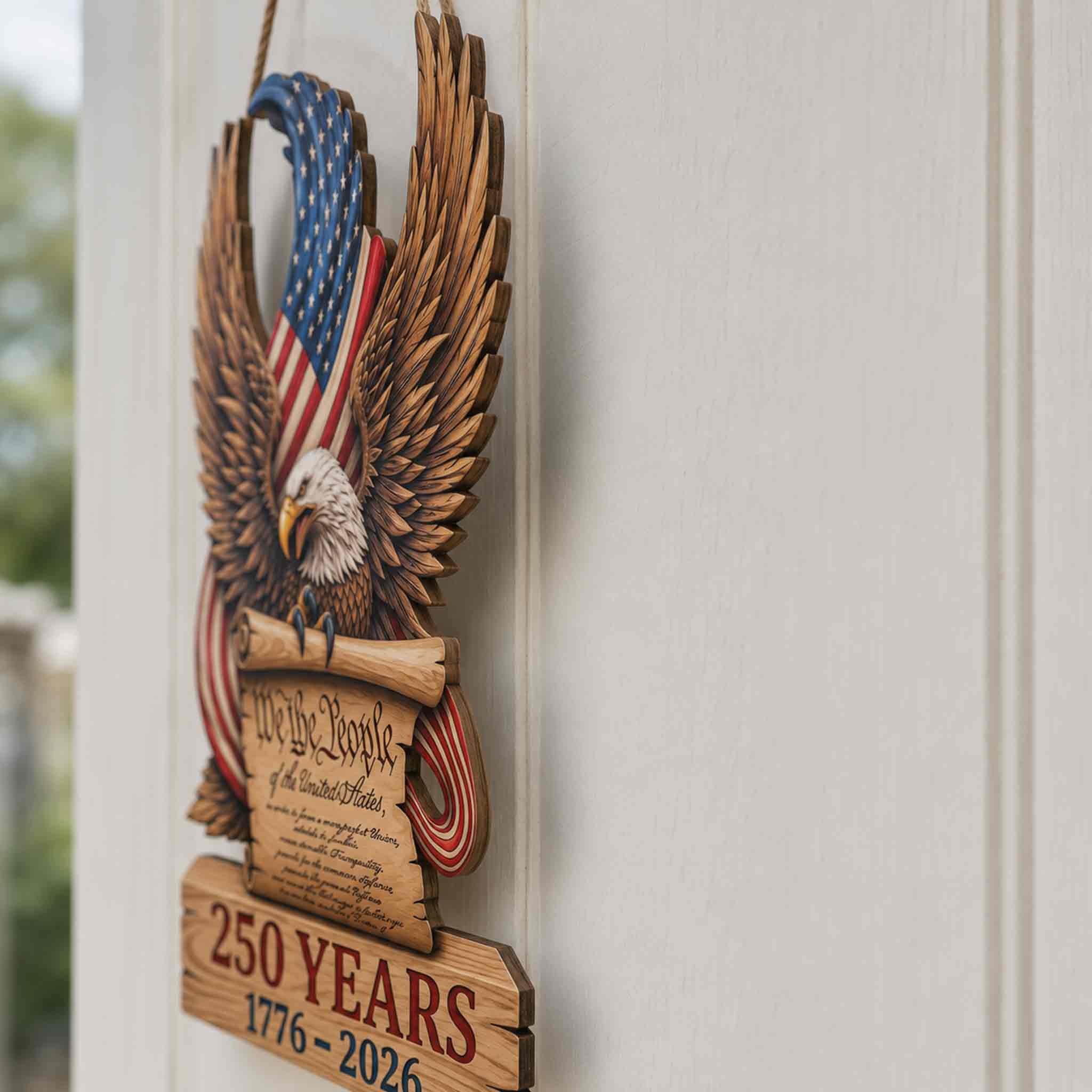 America 250 Wooden Sign Featuring We The People and Bald Eagle Design