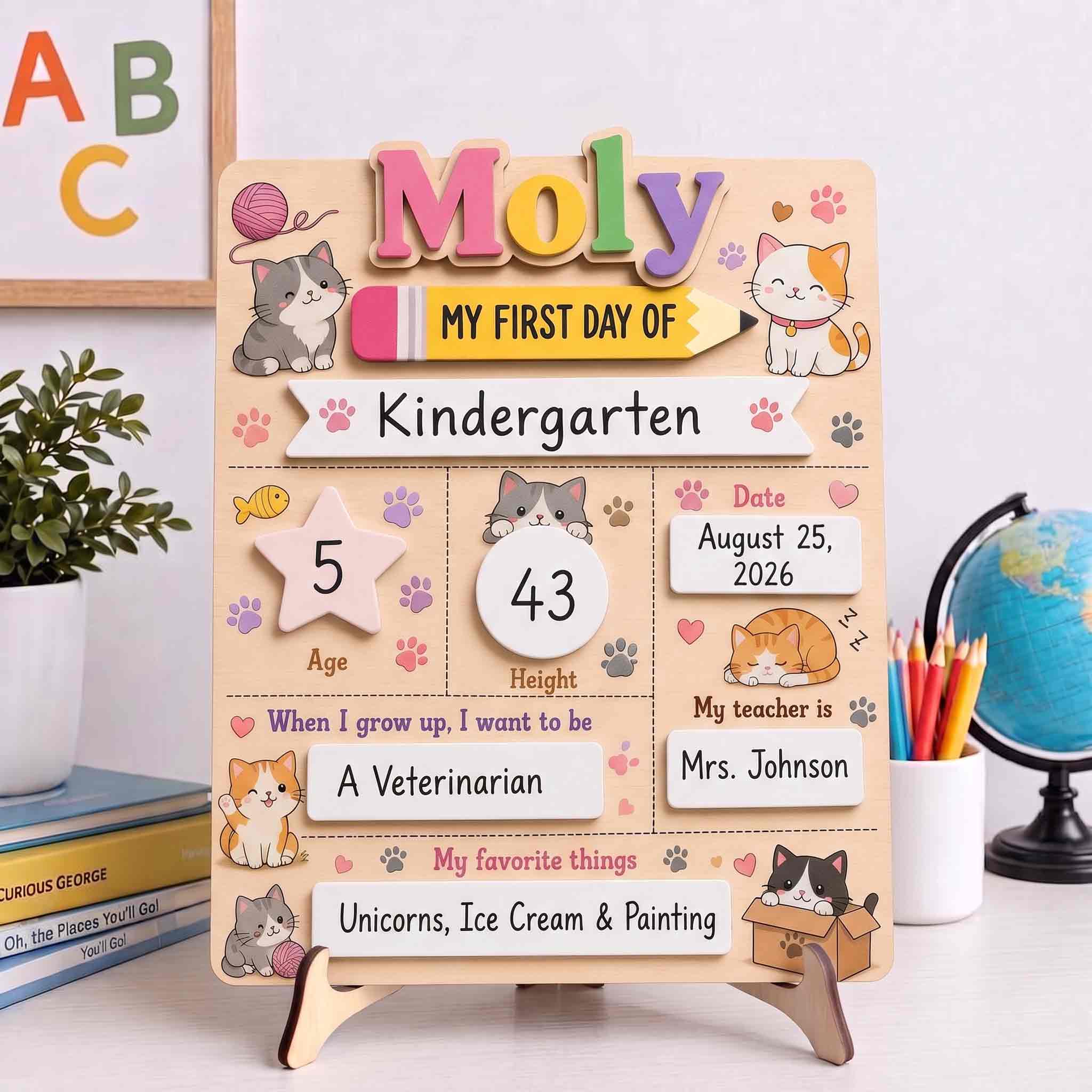 Personalized Playful Cat Icons First & Last Day School Sign, Reusable Dry Erase Board, Back to School Sign