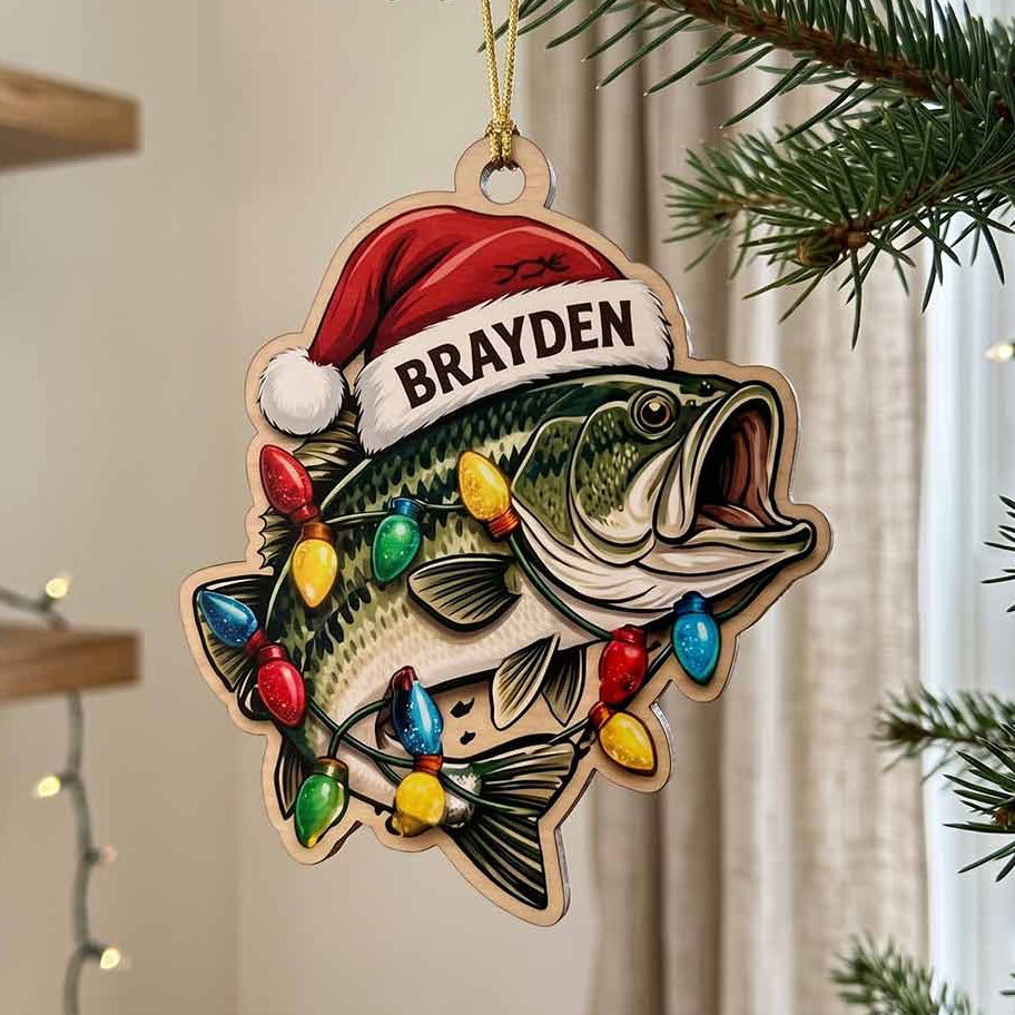 Christmas Fish Santa Hat Fisherman Holiday Keepsake Personalized Custom Name Fishing 1-Layer Wooden Christmas Ornament for Anglers Gift