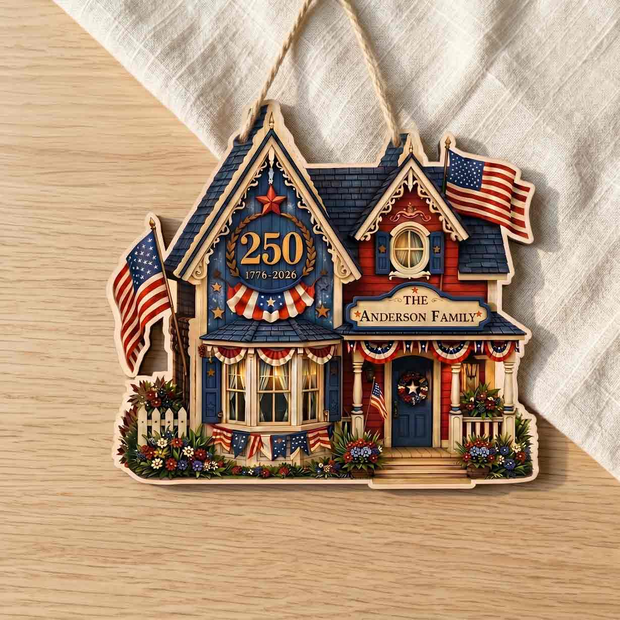 Personalized America 250 Family House Wooden Hanging Sign