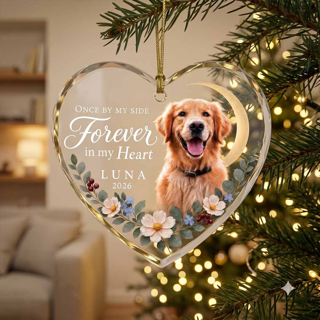 Pet Memorial Crescent Moon Floral Personalized Pet Custom Name Date Photo Pet Loss Gift Heart Glass Christmas Ornament