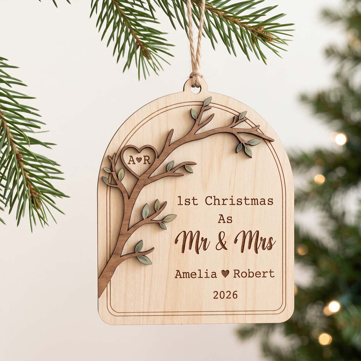 First Christmas Mr and Mrs Tree Branch Custom Names Date First Married Christmas Wooden Ornament