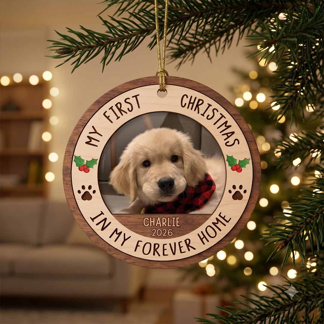 Dog First Christmas Forever Home Puppy Keepsake Personalized Custom Name Date Dog  1-Layer Wooden Christmas Ornament for Dog Lovers Gift