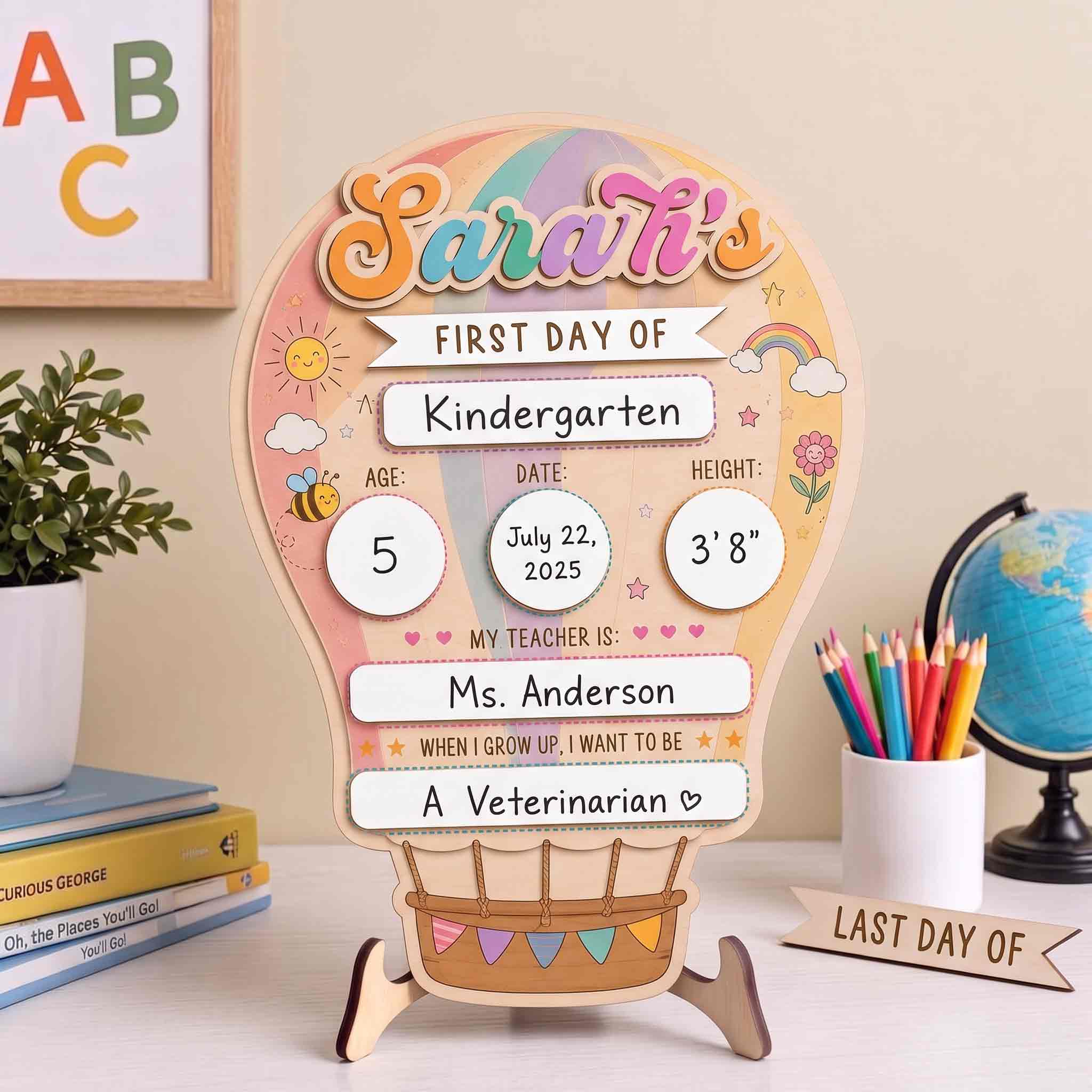 Personalized Hot Air Balloon First & Last Day School Sign, Reusable Dry Erase Board, Back to School Sign