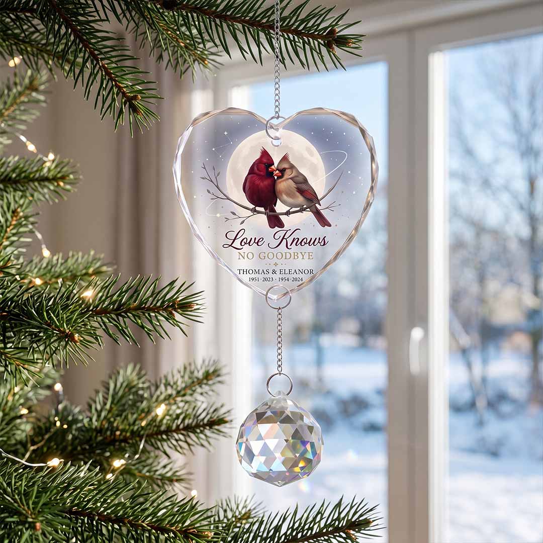 Love Knows No Goodbye Cardinal Personalized Couple Custom Name Date Memorial Keepsake Gift Heart Glass Christmas Ornament With Crystal Charm