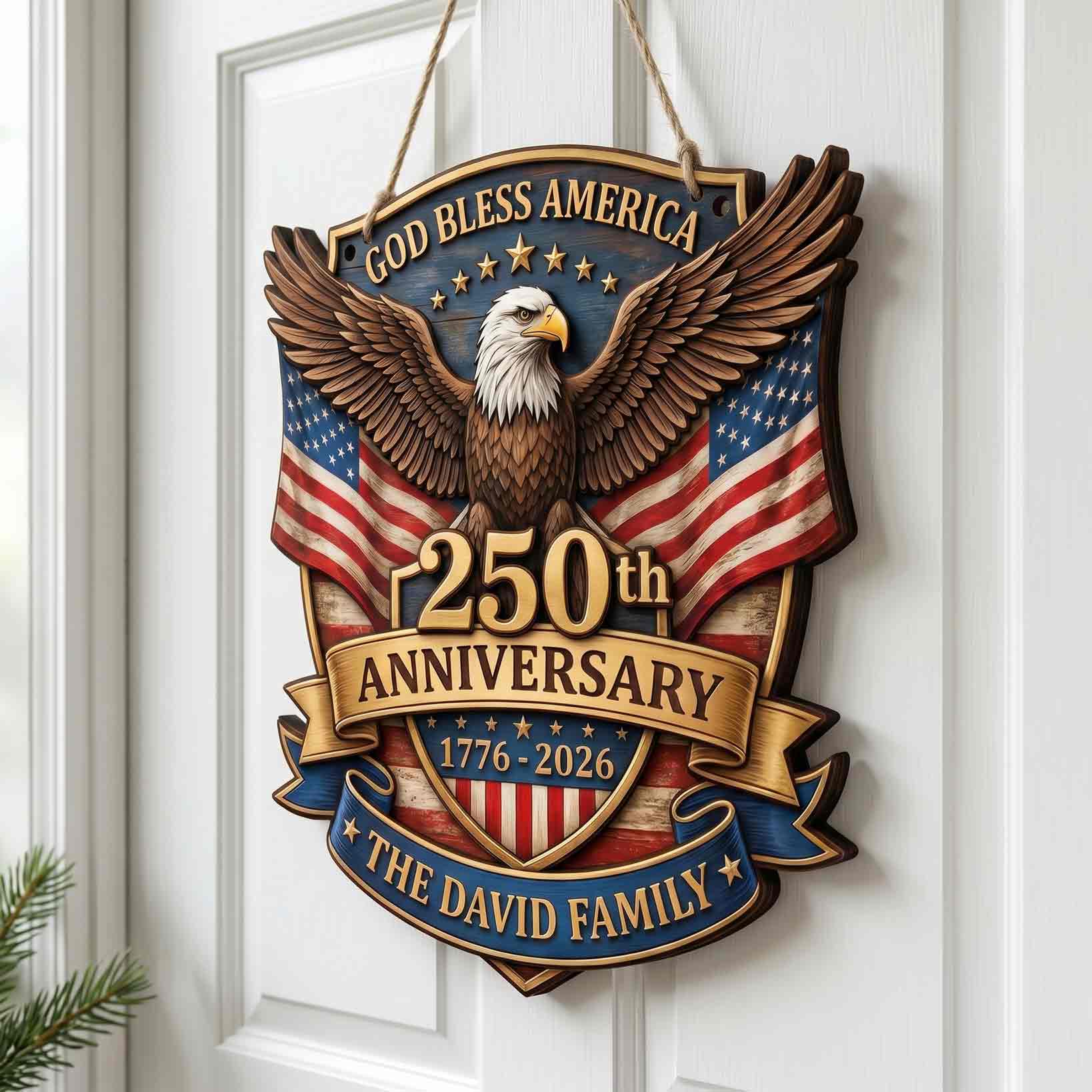 Personalized America 250th Anniversary Wooden Sign With Family Name God Bless America Eagle Decor