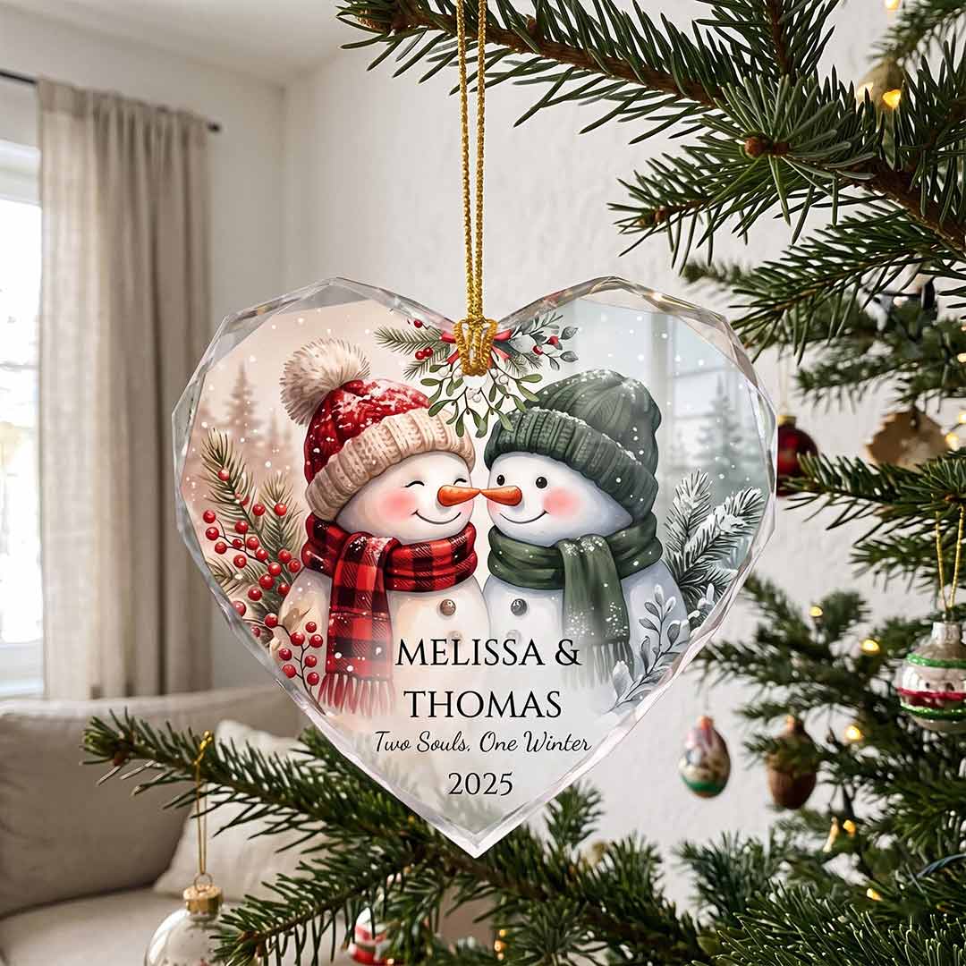 Two Souls One Winter Snowman Couple Personalized Couple Custom Name Date Christmas Gift Heart Glass Christmas Ornament