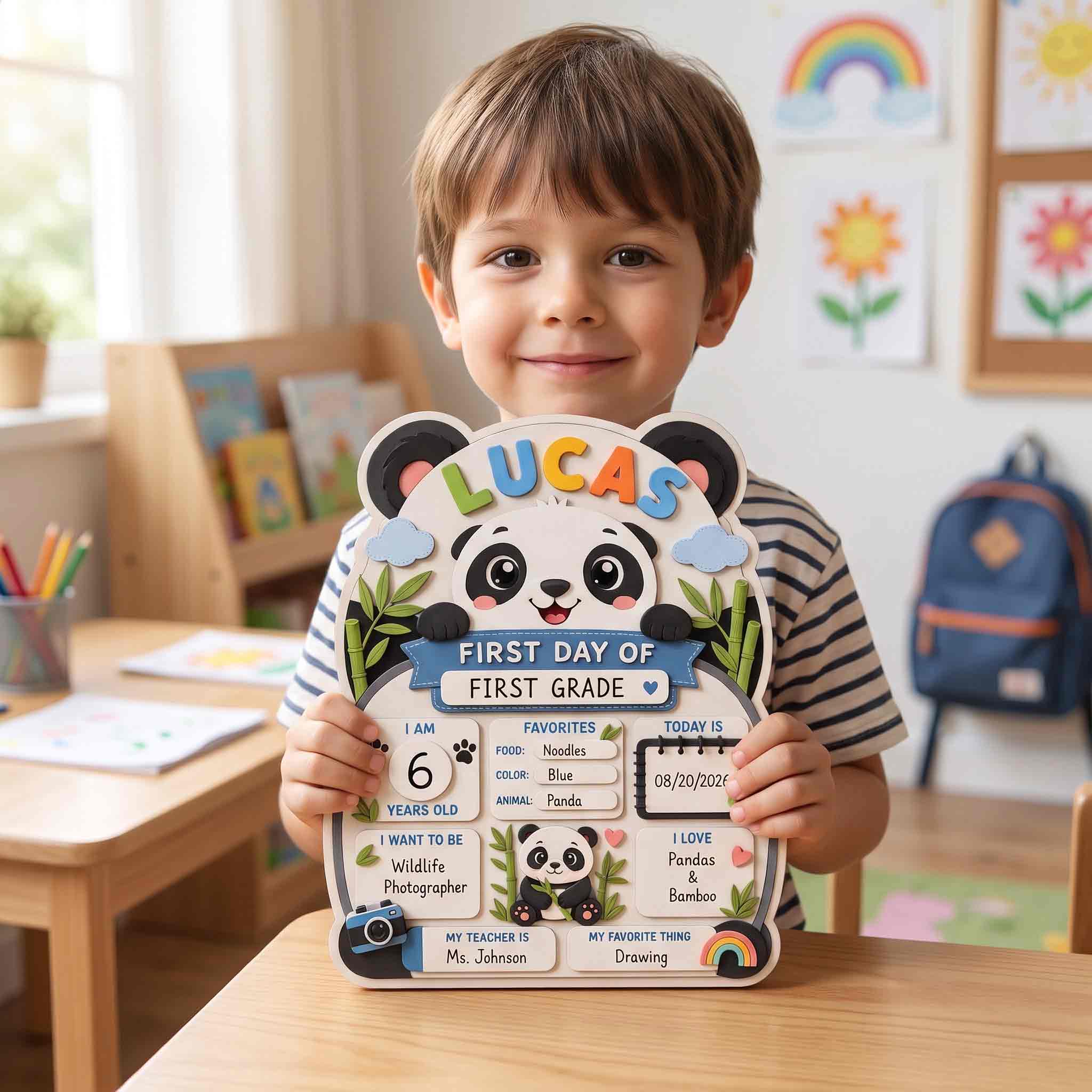 Personalized Cute Panda Bear First & Last Day School Sign, Reusable Dry Erase Board, Back to School Sign