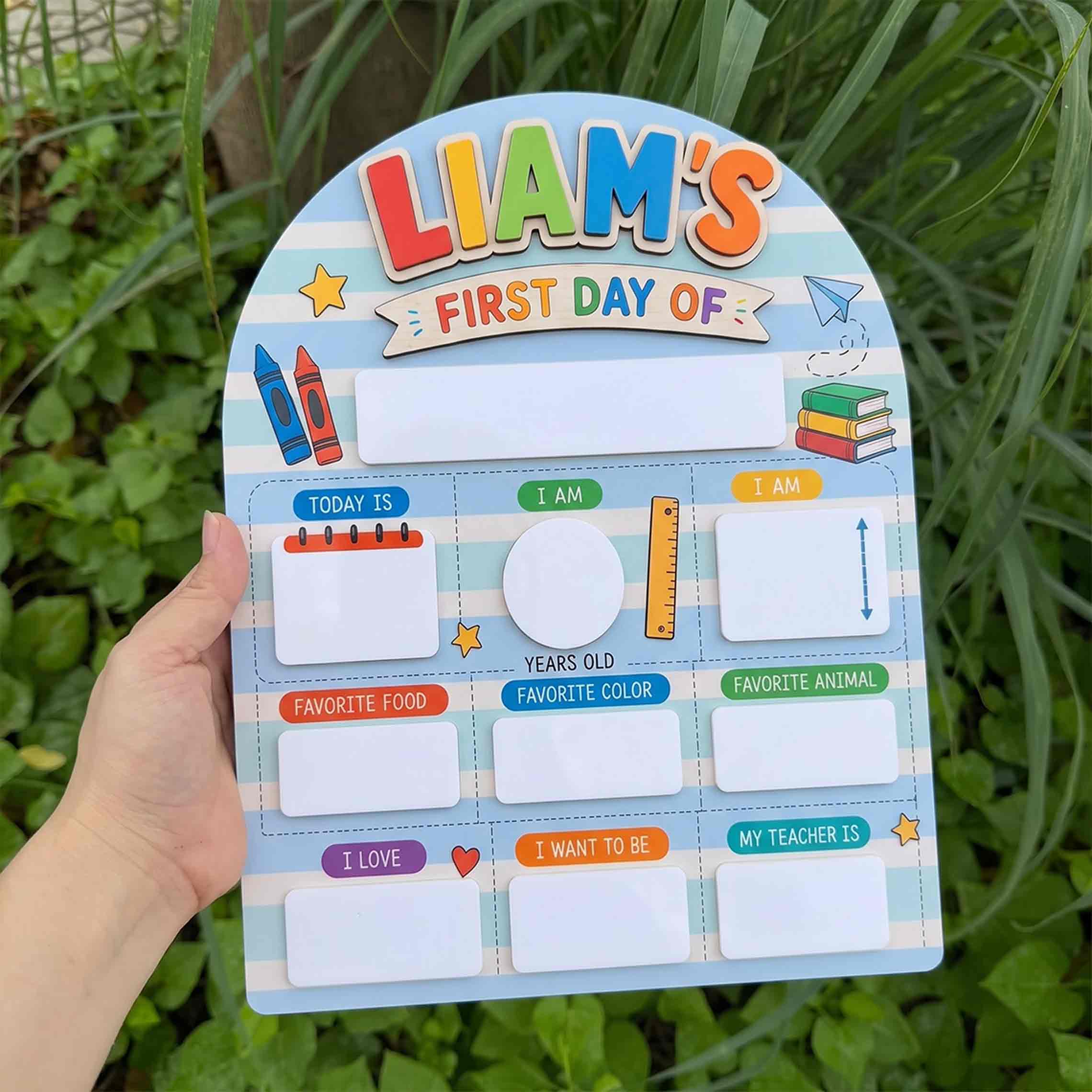 Personalized Blue Stripe Classroom First & Last Day School Sign, Reusable Dry Erase Board, Back to School Sign
