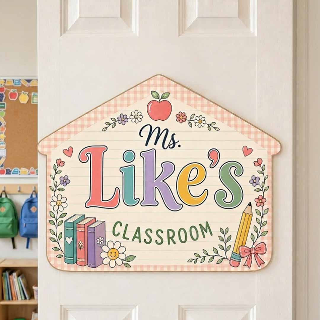 Personalized Teacher Name Wooden Sign Door Hanger Floral Schoolhouse Wooden Classroom Decor, Back to School Sign
