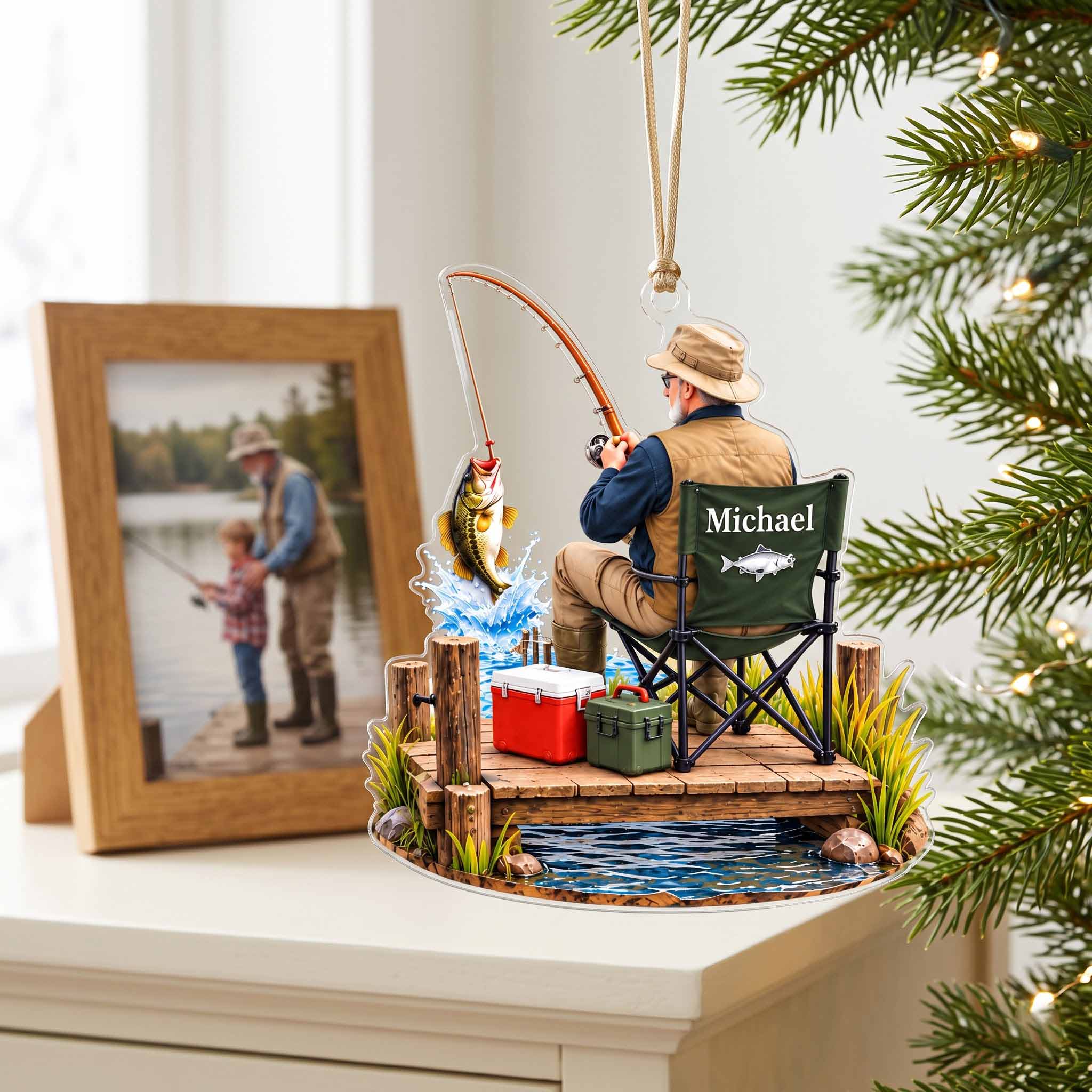 Bass Fishing On The Dock Custom Name Fishing Fisherman for Grandpa Acrylic Ornament