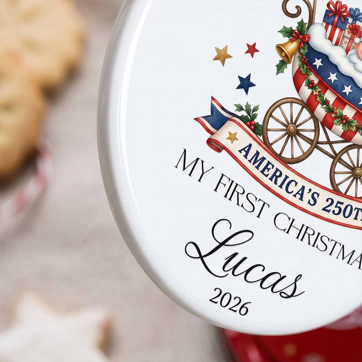 America's 250th Baby Carriage My First Christmas Custom Name Newborn Patriotic Round Ceramic Christmas Ornament