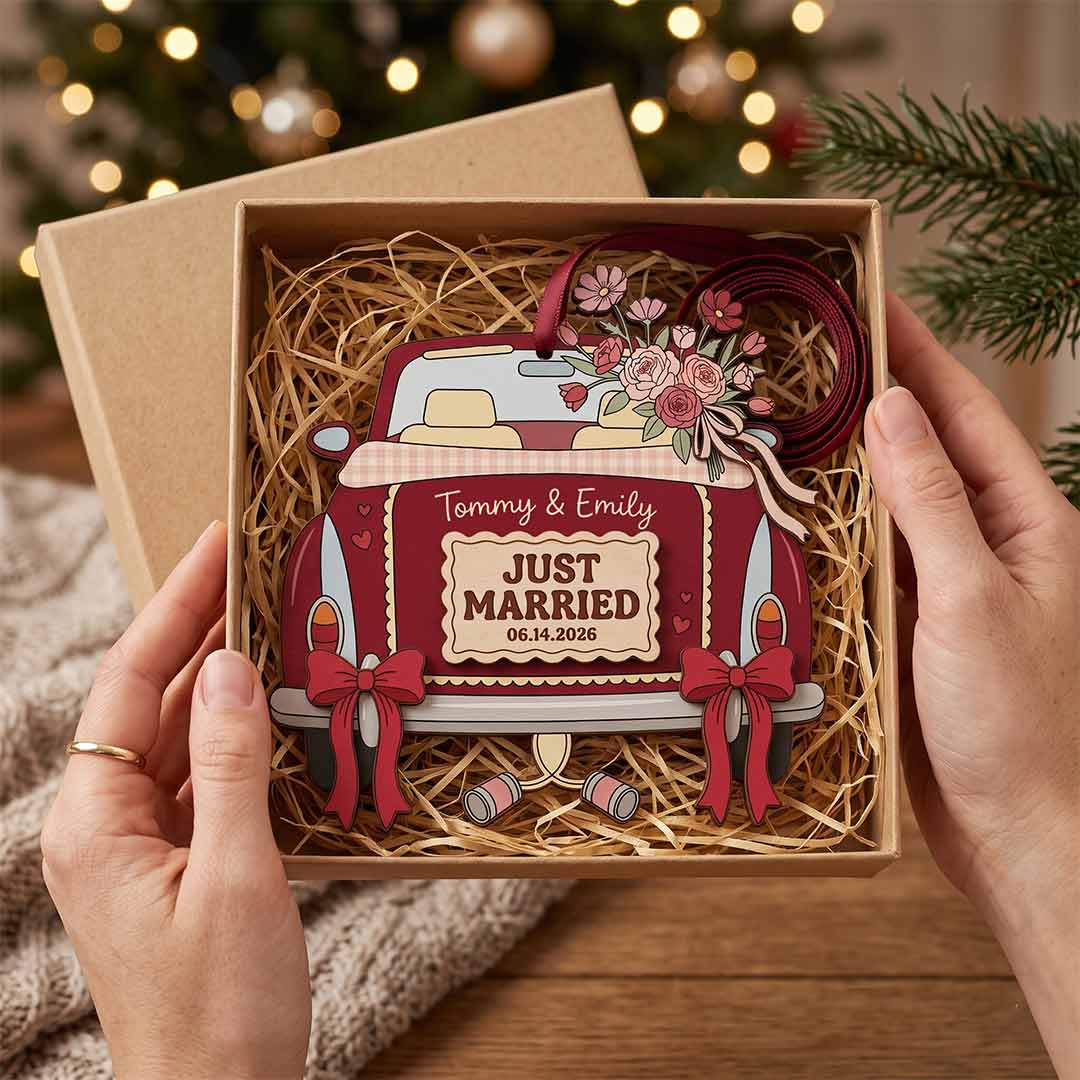 Just Married Wedding Car Personalized Custom Name Date First Wedding 2-Layer Wooden Christmas Ornament Newlywed Couple Christmas Gift
