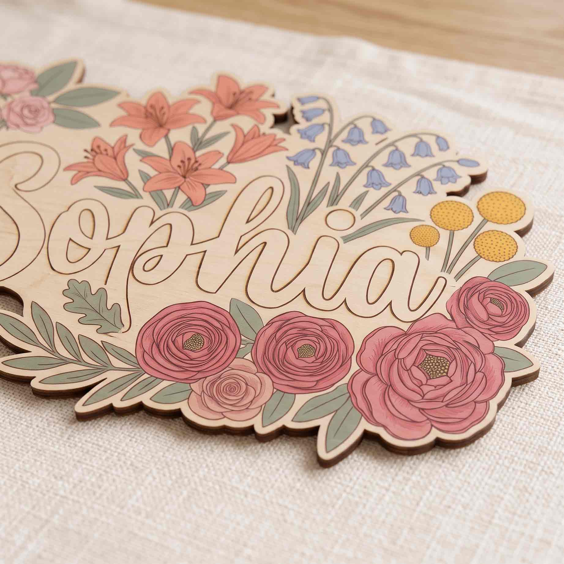 Personalized Botanical Flower Name Wooden Sign
