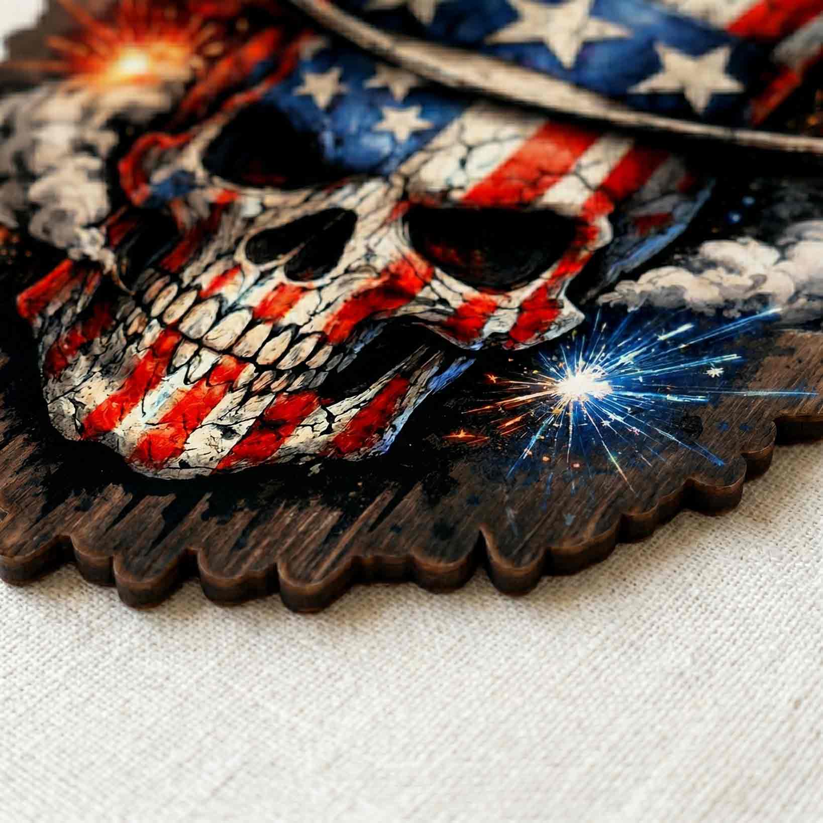 America 250 Independence Day Skull Patriotic Decor Wooden Sign