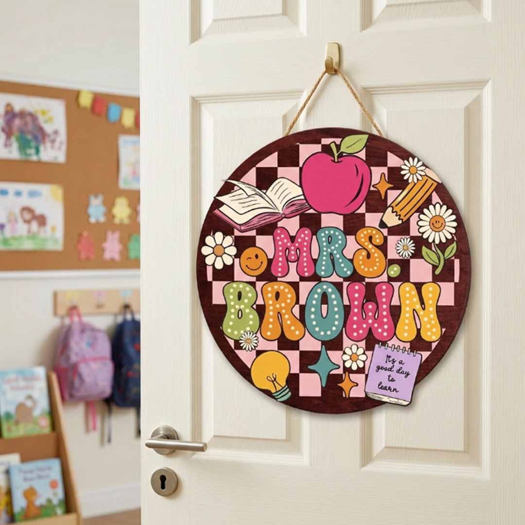 Personalized Teacher Name Wooden Sign Door Hanger Sunshine & Flowers Classroom Name Sign Wooden Classroom Decor, Back to School Sign