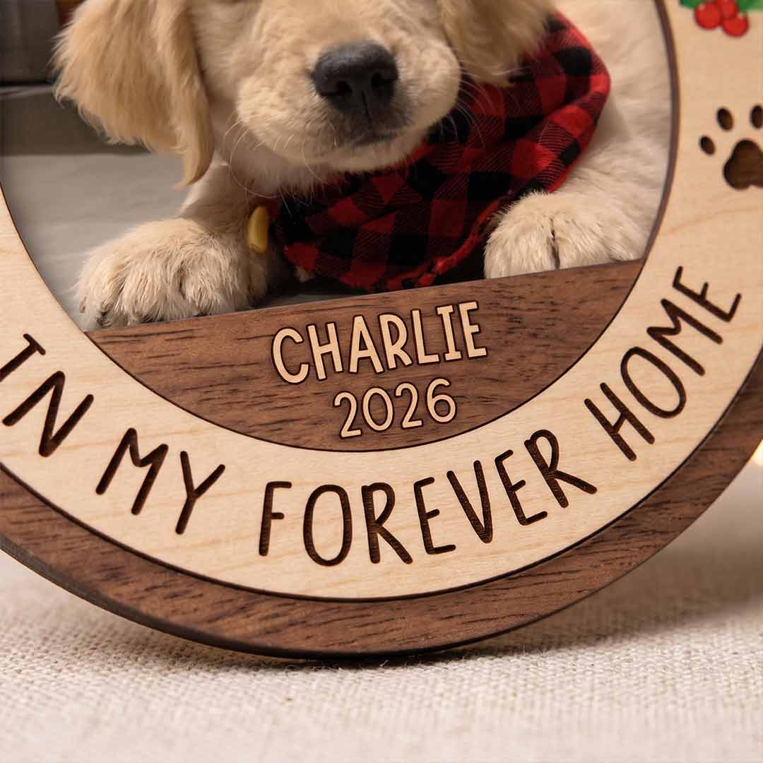 Dog First Christmas Forever Home Puppy Keepsake Personalized Custom Name Date Dog  1-Layer Wooden Christmas Ornament for Dog Lovers Gift