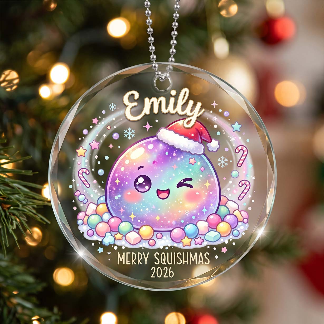 Merry Squishmas Santa Squishy Custom Name Date Round Glass Christmas Ornament Cute
