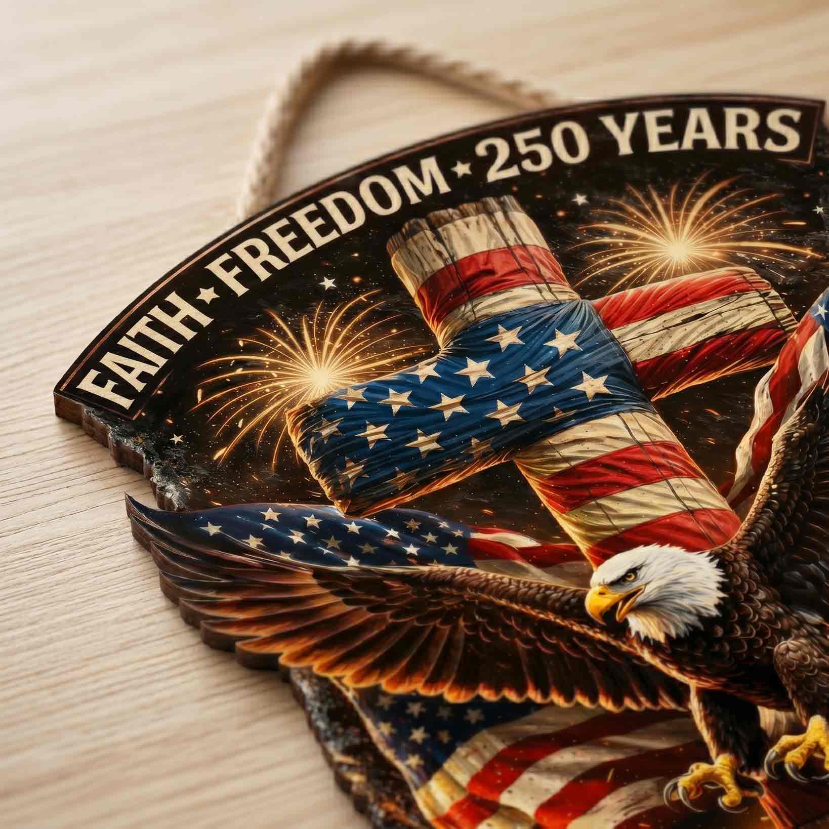250 Years Of Faith And Freedom Patriotic Christian Decor Wooden Sign