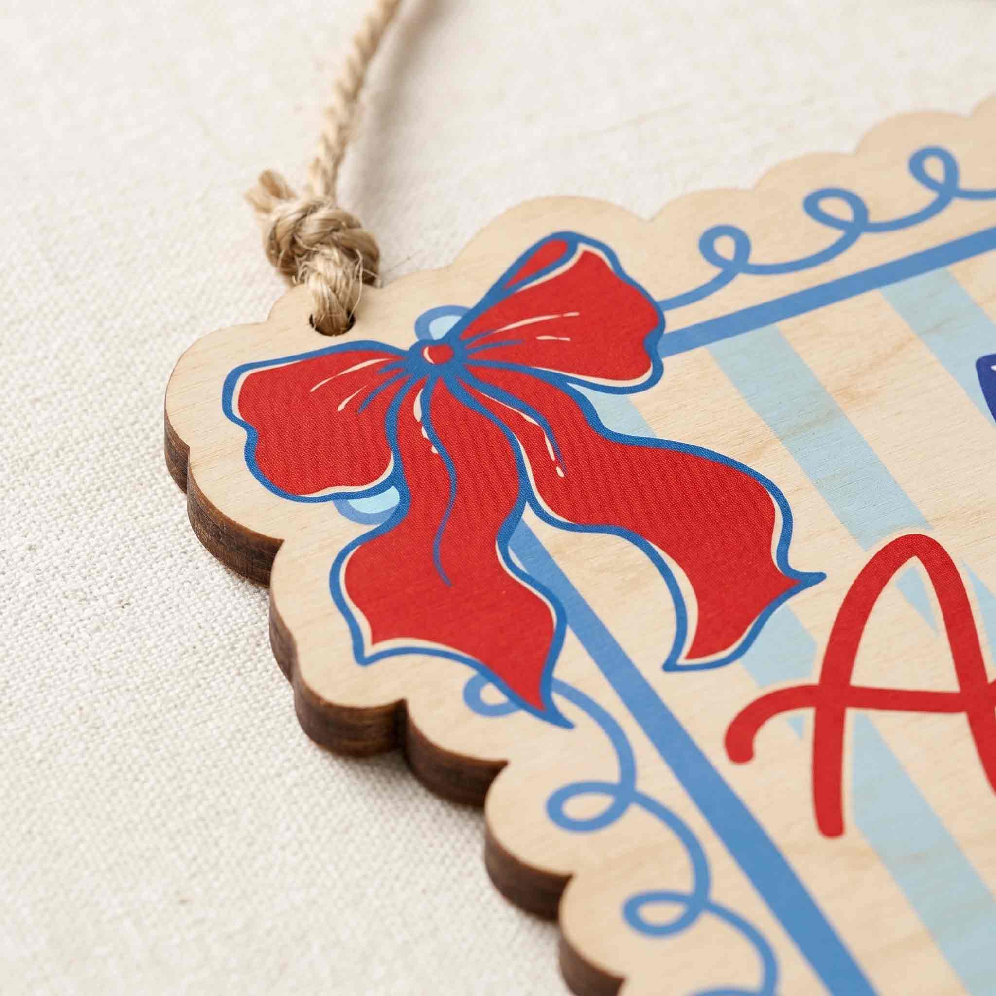 America 1776 Coquette Bow Patriotic America 250th Anniversary Wooden Sign