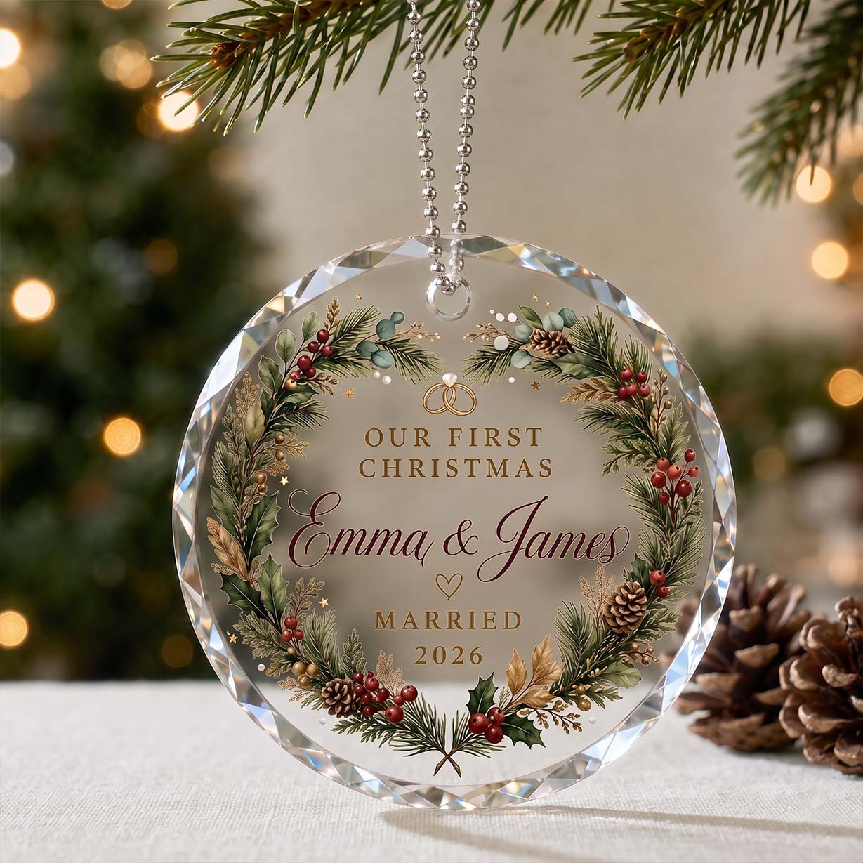 Our First Christmas Pine Berry Wreath Custom Names Date First Married Christmas Round Glass Christmas Ornament