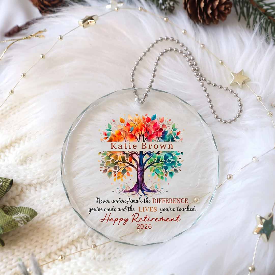Tree of Life Happy Retirement Personalized Custom Name Date Retirement Round Glass Christmas Ornament for Retirement Gift
